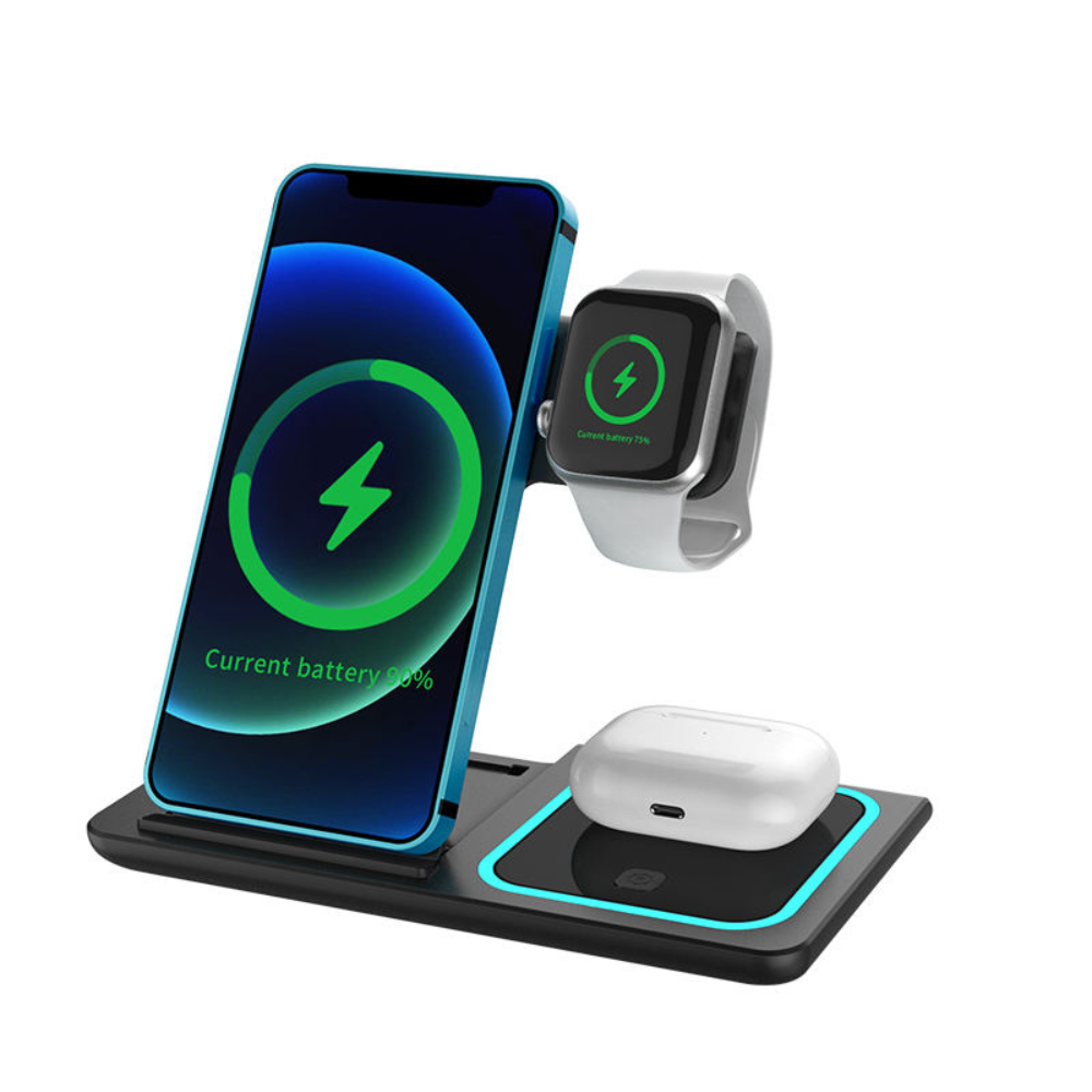 15W LED Fast Wireless Charger Stand 3-in-1 Foldable Charging Station