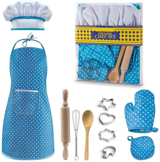 Kids Cooking Set, 11 Piece Chef Role Play Kit for Girls Ages 3-8, Includes Apron, Chef Hat, Oven Mitt, Utensils & Baking Tools, Pretend Play Kitchen Gift, Blue