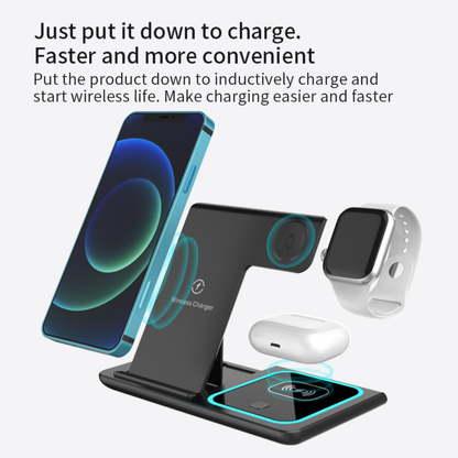 15W LED Fast Wireless Charger Stand 3-in-1 Foldable Charging Station