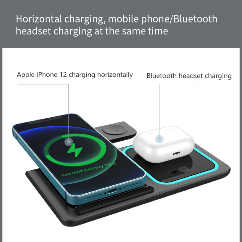 15W LED Fast Wireless Charger Stand 3-in-1 Foldable Charging Station