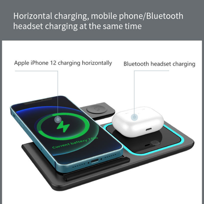 15W LED Fast Wireless Charger Stand 3-in-1 Foldable Charging Station