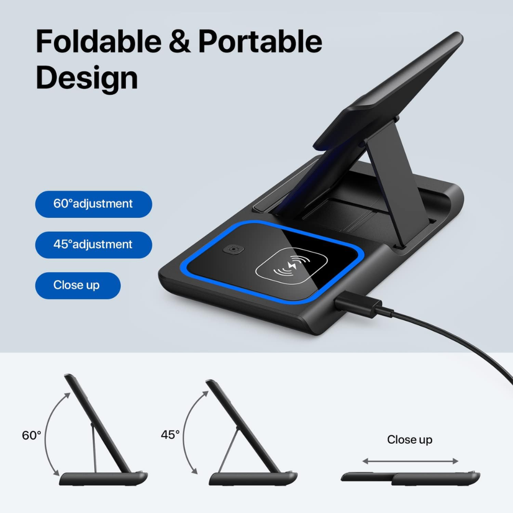 15W LED Fast Wireless Charger Stand 3-in-1 Foldable Charging Station